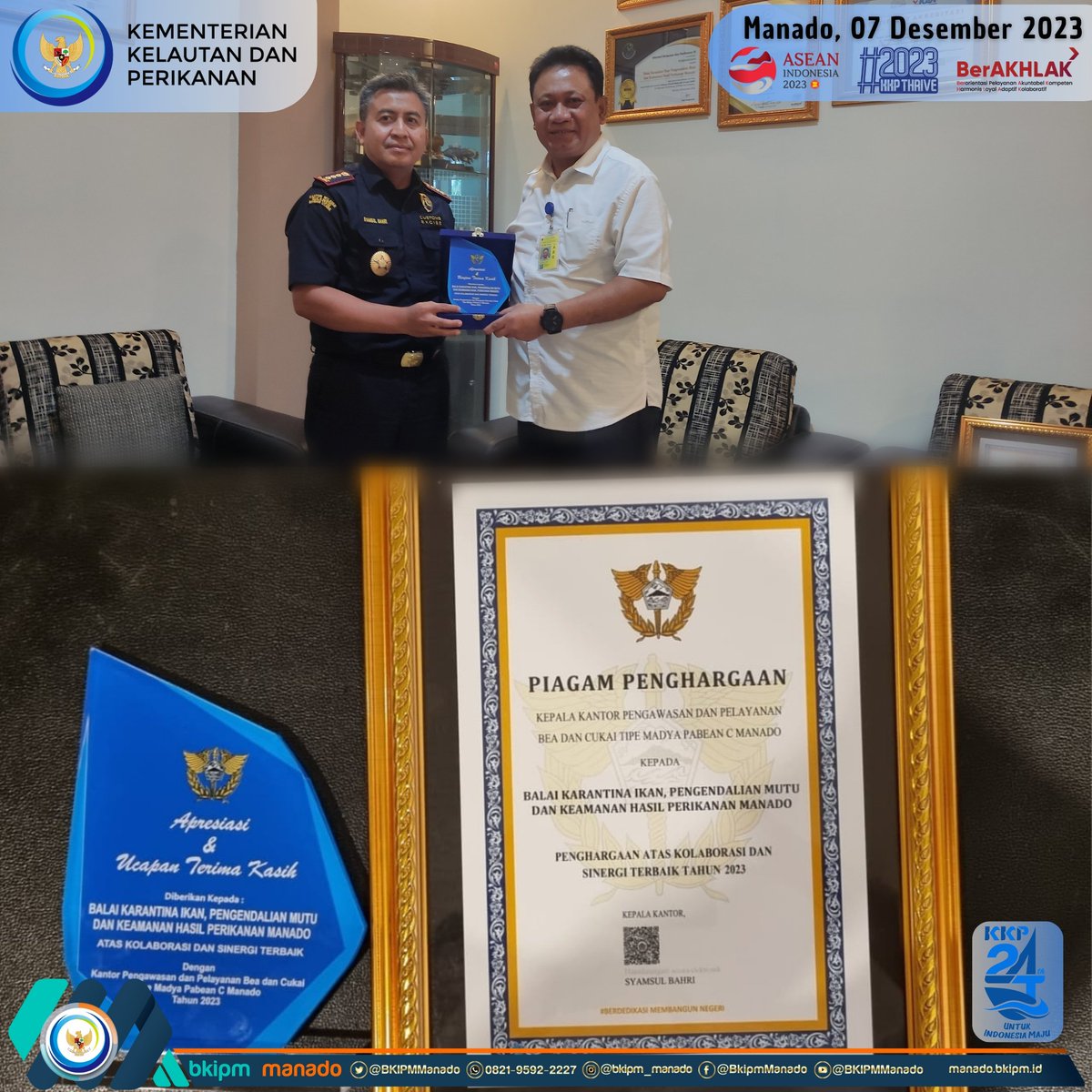 BPPMHKP_Manado's tweet photo. Hai #Sahabatbahari hari ini BPPMHKP Manado mendapat Apresiasi dan Piagam Penghargaan atas Kolaborasi dan Sinergi Terbaik Tahun 2023 dari Kepala Kantor Pengawasan dan Pelayanan Bea dan Cukai Tipe Madya Pabean C Manado.
#KKPThrive
#bppmhkp 
@kkpgoid 
@bkipm_kkp 
@Muhlin21 https://t.co/3HKoHpCWmg