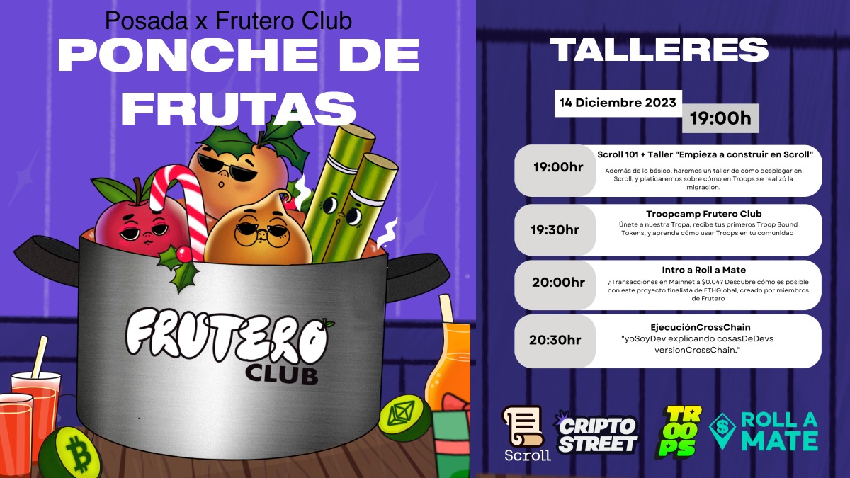 Las Frutas lo hicieron de nuevo!

Los esperamos el próximo jueves 14 de diciembre, 
desde las 6:00 pm en la Frutero x Troops Hacker House

Habrán talleres, pizzas, cheves y sorpresas! (merch 👀)

Gracias a <a href="/Scroll_ZKP/">Scroll</a> <a href="/Cripto_street/">Cripto Street</a> <a href="/gmTroops/">Troops</a> 

Liga de registro en el sig tweet 👇