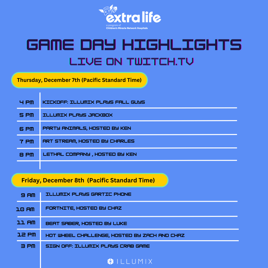 🎉 Join us today at 4 pm PT to kick off Illumix's 24hr Extra Life Stream with Fall Guys! You can donate to Extra Life here: extra-life.org/team/illumix View all our live streams here: shorturl.at/bGKY2