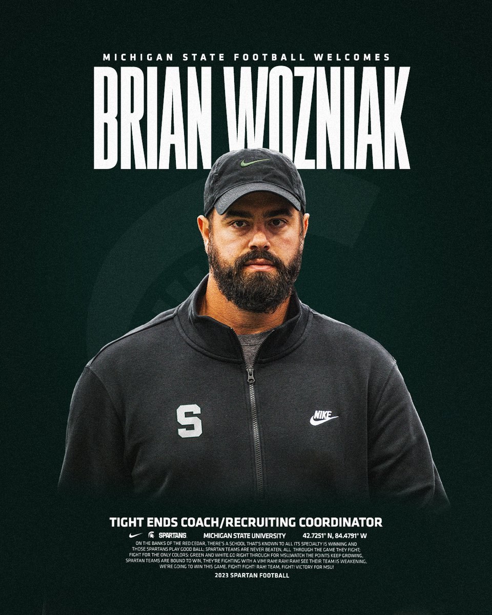 Welcome to East Lansing, @CoachWozniakTE! Brian Wozniak joins Michigan State as Tight Ends Coach/Recruiting Coordinator after spending the past 9 seasons with Oregon State. Wozniak has coached multiple NFL Draft picks, including Luke Musgrave for the Green Bay Packers. #GoGreen