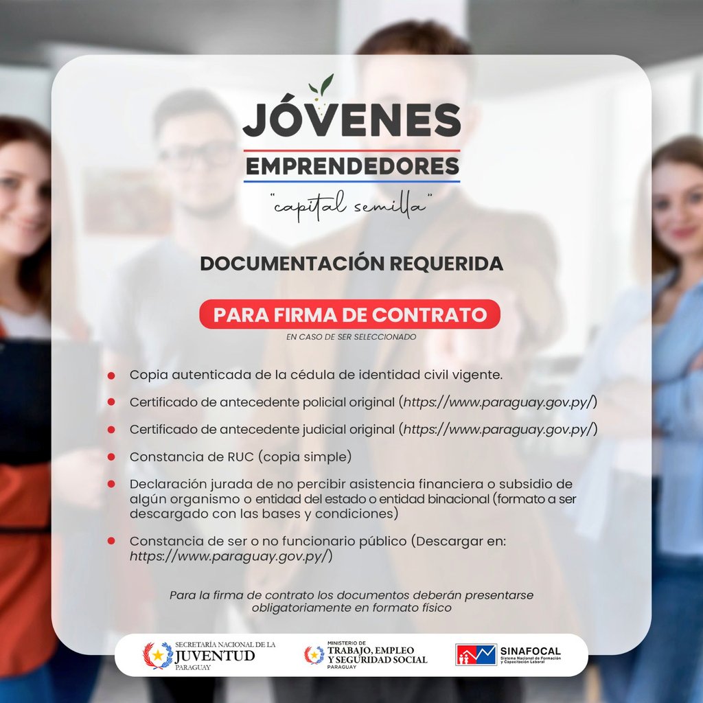 Es hora de convertir tu idea en acción. 🚀 Aquí te dejamos algunas indicaciones esenciales para postularte y obtener #CapitalSemilla y potenciar tu emprendimiento de negocio. 

¡Deslizá para descubrir los pasos a seguir  y financiá tu proyecto! 🤩✨

<a href="/Sinafocal/">SINAFOCAL | Paraguay</a> 
<a href="/SNPP_Paraguay/">SNPP - Paraguay</a>
