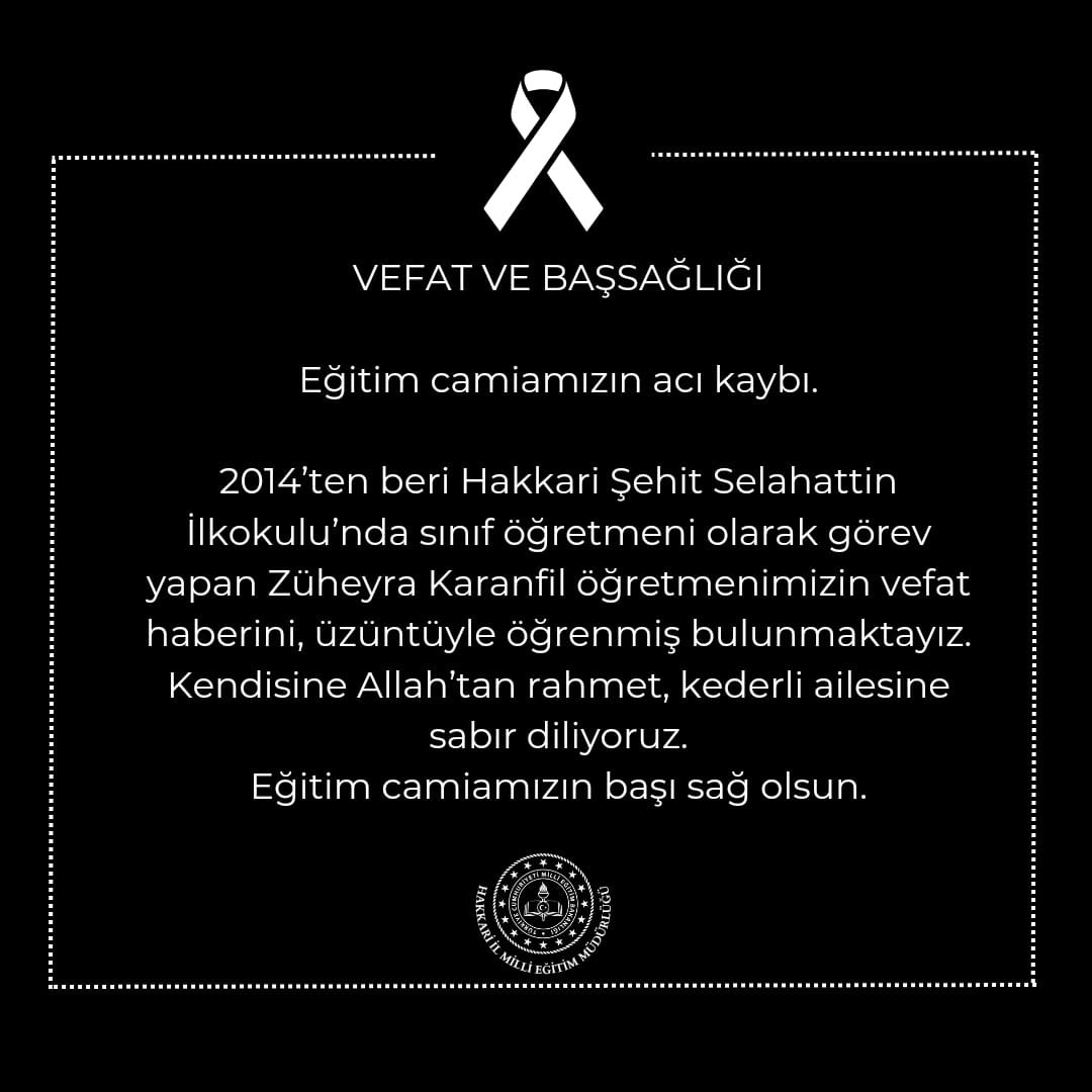 Taziye ve Başsağlığı.

<a href="/tcmeb/">Millî Eğitim Bakanlığı</a> <a href="/Yusuf__Tekin/">Yusuf Tekin</a> @alicelik_64 <a href="/nrtttin_ylmz/">Nurettin YILMAZ</a>