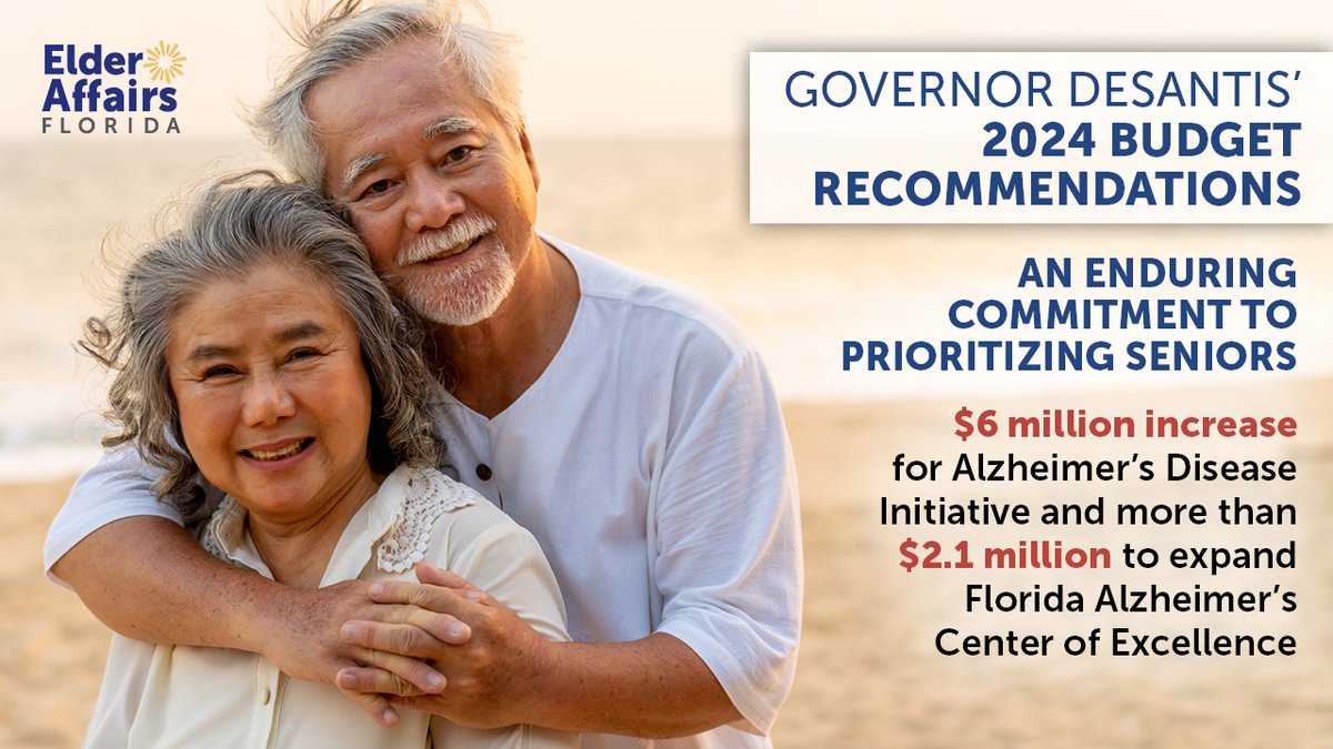 The Department commends the Governor's budget recommendations that will increase funding for support services of Florida’s older residents and the fight against Alzheimer’s disease and related dementias. To learn more, visit rb.gy/o79riz. #AgeWell #AgingInPlace #EndAlz