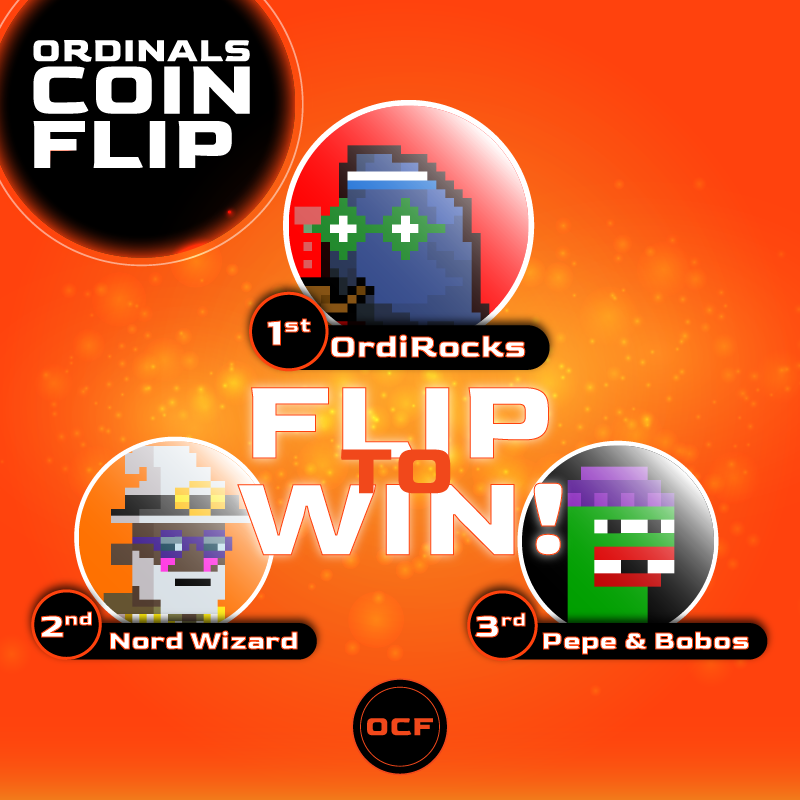 Not only will you win #Bitcoin but by flipping you will enter a weekly lottery to win one of these 3 amazing #Ordinals NFTs

Rewards:
🥇 1st place: 1x <a href="/OrdiRocks/">OrdiRocks</a>
🥈 2nd place: 1x <a href="/thenodewizards/">NodeWizards ◉</a>
🥉 3rd place: 1x <a href="/PepeandBobo/">Pepes & Bobos</a>

Play now!
ordinalscoinflip.com
