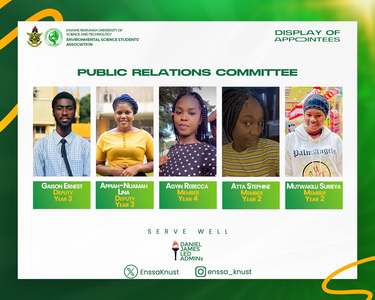 EnssaKnust's tweet photo. 🟢ATTENTION⚪
📌DISPLAY OF APPOINTED EXECUTIVES

These are the appointed executives to the office of the Public Relations committee for the 2023/24 administration.

Congratulations!🎉
Do serve well🥳.
        
ENSSA-KNUST🟢⚪ https://t.co/aYxZSanuTc