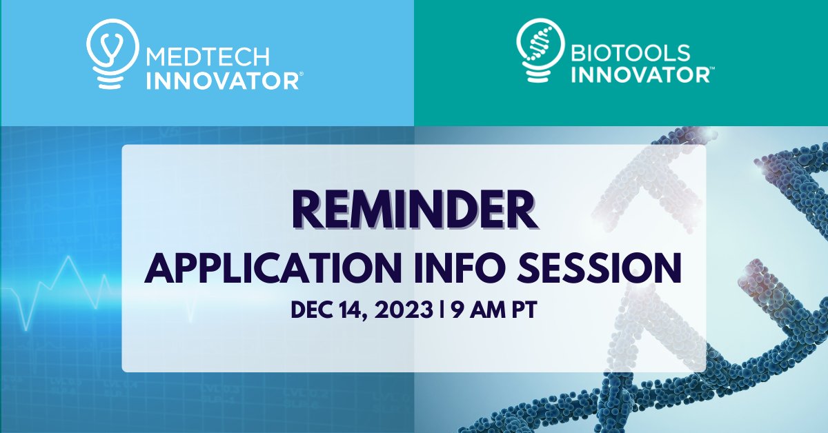 Time to register for the MedTech Innovator x BioTools Innovator information session on December 14th at 9am PST! Register with the link here: lnkd.in/gS-7RctJ #mti #bti #biotools #medtech #medicaldevice #lifesciences #diagnostics#applynow #infosession