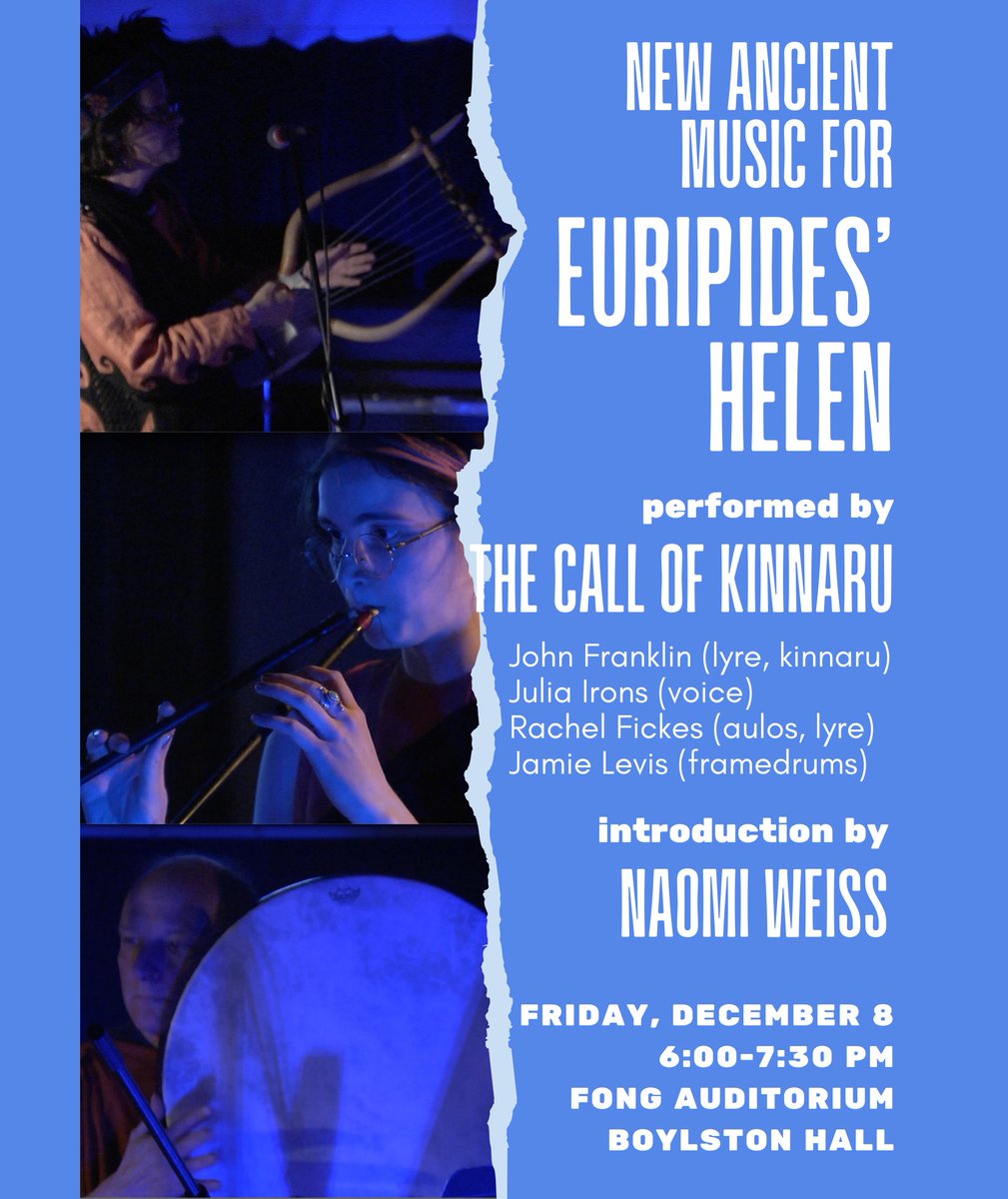Want to hear revived ancient Greek choral music performed live? Join us tomorrow for a performance by The Call of Kinnaru! 

Before the performance, Professor Naomi Weiss will  give an introduction. 6:00–7:30 pm, Fong Auditorium.

Details: classics.fas.harvard.edu/boston-area-cl…