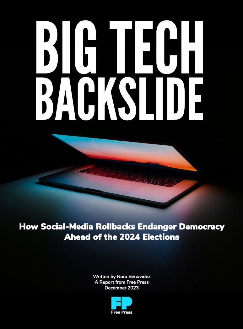 BREAKING! Big Tech Backslide, our @freepress report detailing Meta, Twitter, YouTube rollbacks that jeopardize election integrity & democracy. We lay out what gov’t & tech must do to safeguard platforms from disinfo & extremism:freepress.net/big-tech-backs…