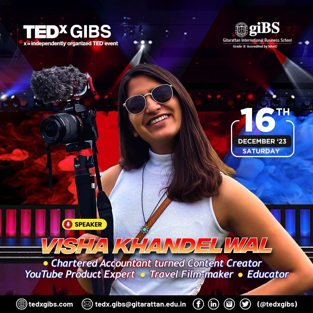 TEDxGIBS's tweet photo. We are glad to announce that we have with us Visha Khandelwal as a speaker in TEDxGIBS🤩 - Visha Khandelwal is a Chartered Accountant turned Content Creator with an impressive presence on Youtube and Instagram collating to a total of over 260k followers. 

#tedx #tedxspeaker https://t.co/9uGfbqQAbb