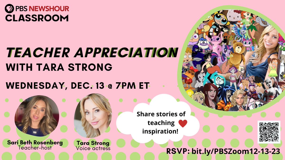 Our next PBS @NewsHour Classroom Educator Voice will feature the one & only @TaraStrong w/ host @saribethrose sharing and listening to stories of teaching inspiration to celebrate YOU, our wonderful teachers! Come share your story! RSVP: bit.ly/PBSzoom12-13-23