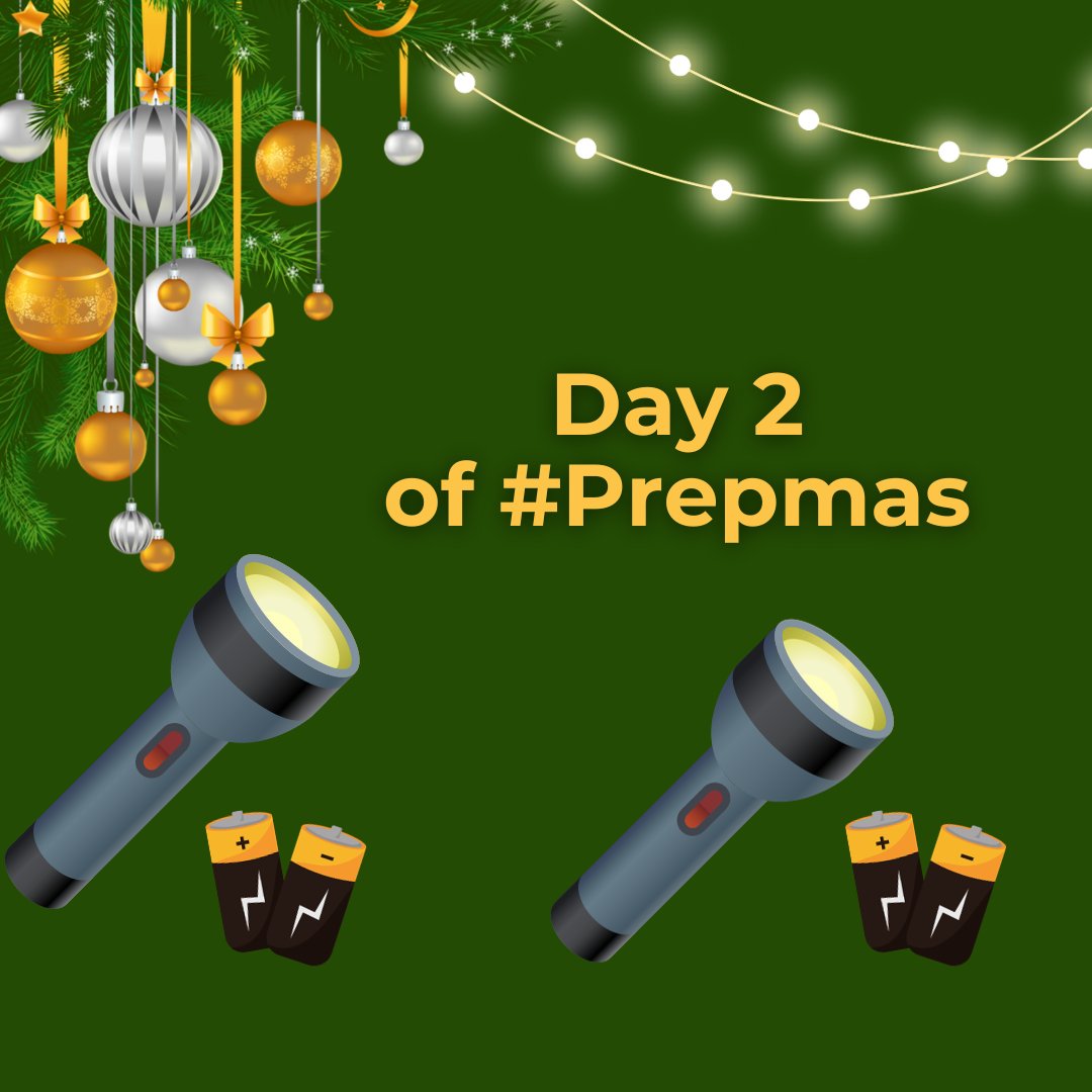 SCEMD's tweet photo. On the 2nd day of #Prepmas, Meme King gave to me... two flashlights and extra batteries. These items will help you when the power goes out. #Prepmas #HolidayPreps https://t.co/8OFUOQ9XlN