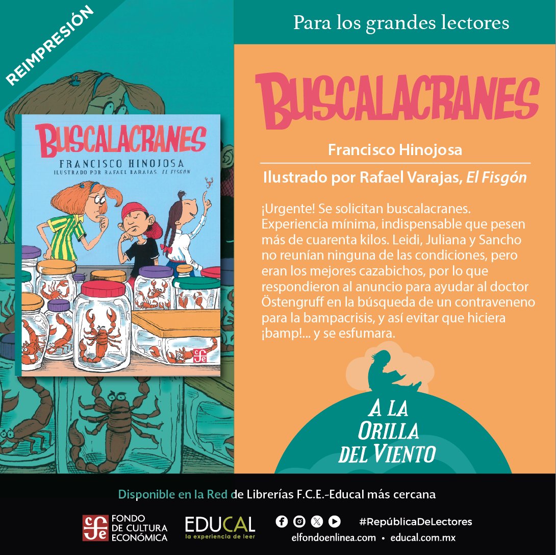 #EducalRecomienda #Buscalacranes de #FranciscoHinojosa ilustrado por #RafaelVarajas #ElFisgón.

Disponible en tu librería F.C.E.-Educal.

@FCEMexico
#ALaOrillaDelViento #ParaLosGrandesLectores #Infantil #Juvenil #Reimpresión #RepúblicaDeLectores
