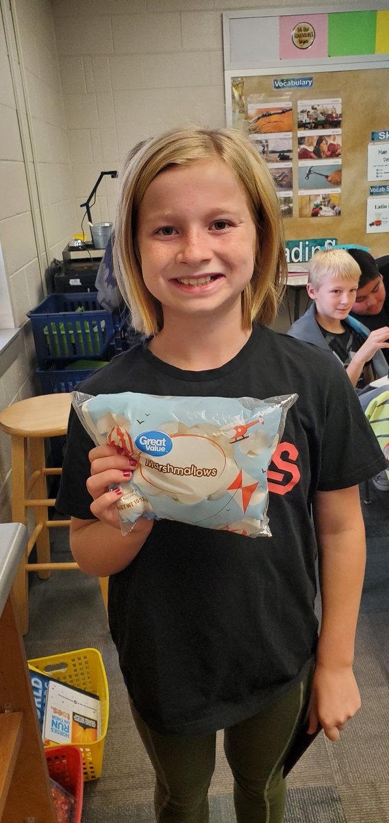 Quick minute-to-win-it competition in 5B today.  Goal: stack the most marshmallows.  Lila came out on top and earned herself a sweet treat!  <a href="/ShellCreekVikes/">LCS Shell Creek Elementary</a> #lakeviewvikes