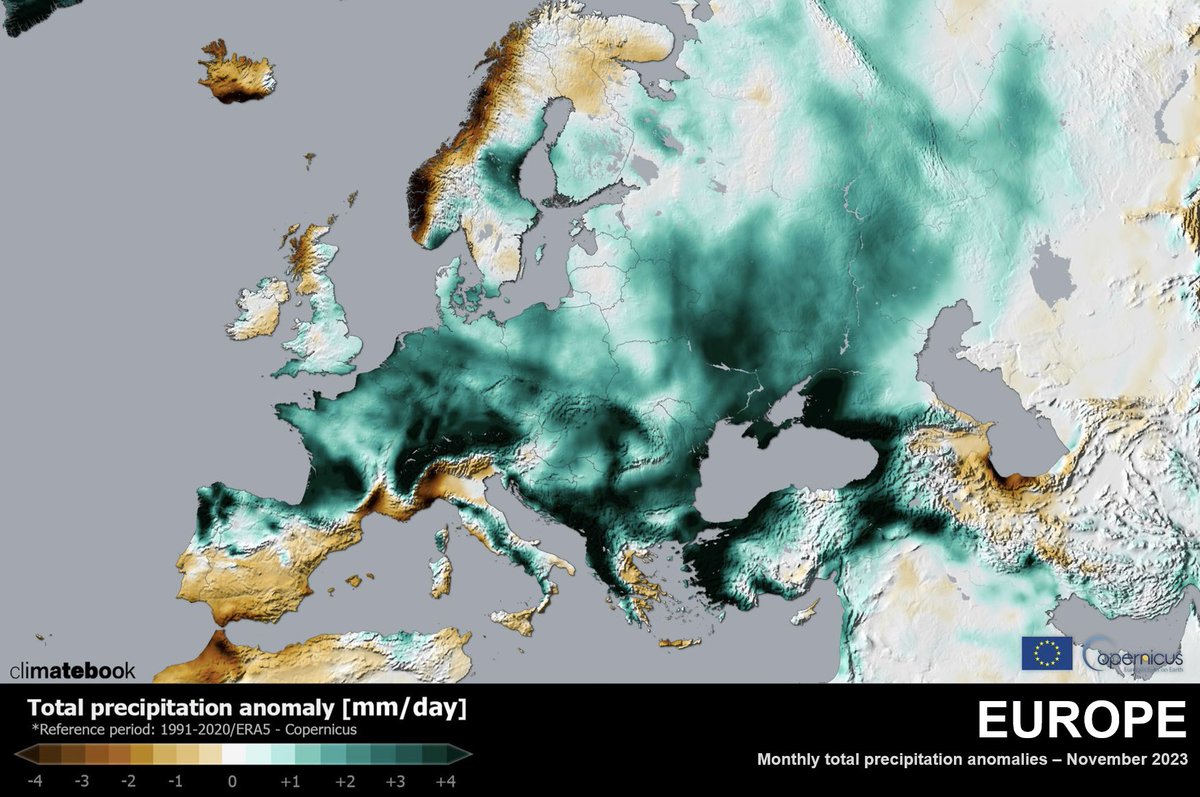 November 2023 was Europe's wettest November on record according to ERA5 reanalysis (since 1940) with total precipitation exceeding 1.5 times the 1991-2020 average.