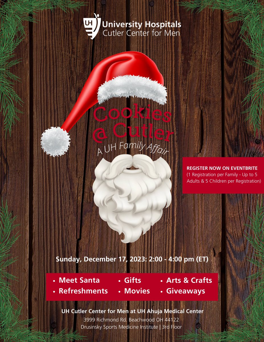 Join UH Cutler Center for Men for a festive and fun-filled Christmas event that's perfect for the whole family! Create lasting memories for you and your loved ones in our multidisciplinary men's health space.

Learn More &amp; Register: eventbrite.com/e/cookies-cutl…