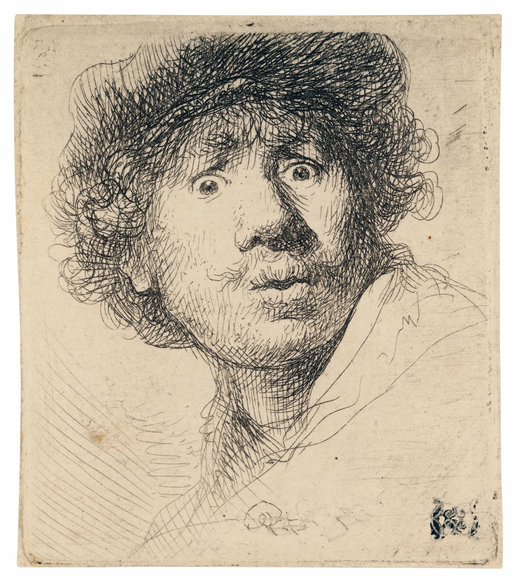 #AuctionUpdate #Rembrandt's 'Self-Portrait in a Cap, wide-eyed and open-mouthed' sold for £75,600 (more than 3x the low estimate). The image suggests a snapshot of a face captured in a moment of alarm: bit.ly/418kryO