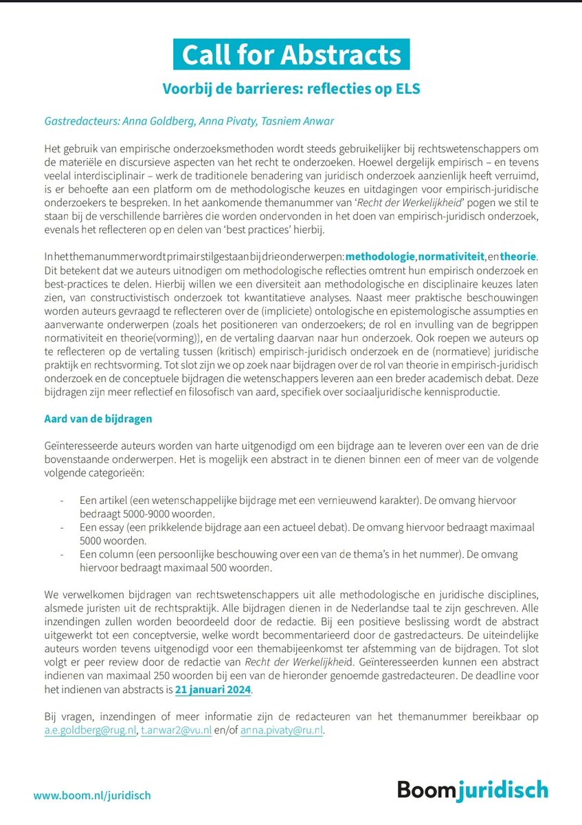 <a href="/AnnaEGoldberg/">Anna</a> <a href="/anna_pivaty/">Dr Anna Pivaty</a> en ik organiseren een themanummer over empirisch juridisch onderzoek en zijn op zoek naar leuke bijdragen! We staan open voor verschillende disciplines, rechtsgebieden, methoden en ontologische standpunten. Deadline 21 Jan - twijfel niet ;)