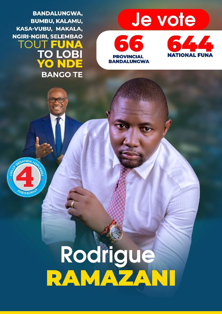 Grand éléphant, PP du parti Envol, candidat député National, district de FUNA n°644, et provincial n°66 circonscription de Bandal.
Donc; Bana FUNA molobeli ya bino ya solo yeyo.
Votez numéro 644 et 66, pour que les choses changent, l'heure n'est pas à perdre.