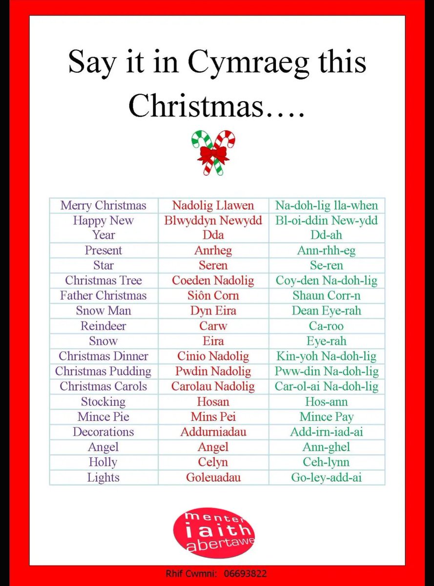 🎄❄️ Beth am ddefnyddio’r eirfa Nadolig yma gyda’ch plentyn dros yr ŵyl? 
How about using some Welsh vocabulary this Christmas? ❄️🎄
<a href="/BroEirwg/">Ysgol Bro Eirwg</a>