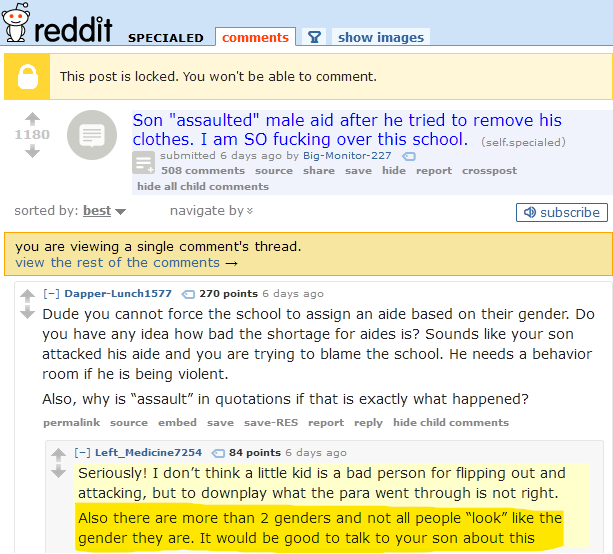 reddit_lies's tweet photo. >Mom of 4yo with PTSD from male abuse
>School assigns male aid
>Son wets himself
>Aid tries to change son's clothes
>Son fights back
>School won't give him all-female staff
>Angrily rant on Reddit

Reddit: "There are more than 2 genders. You should talk to your son about this."
