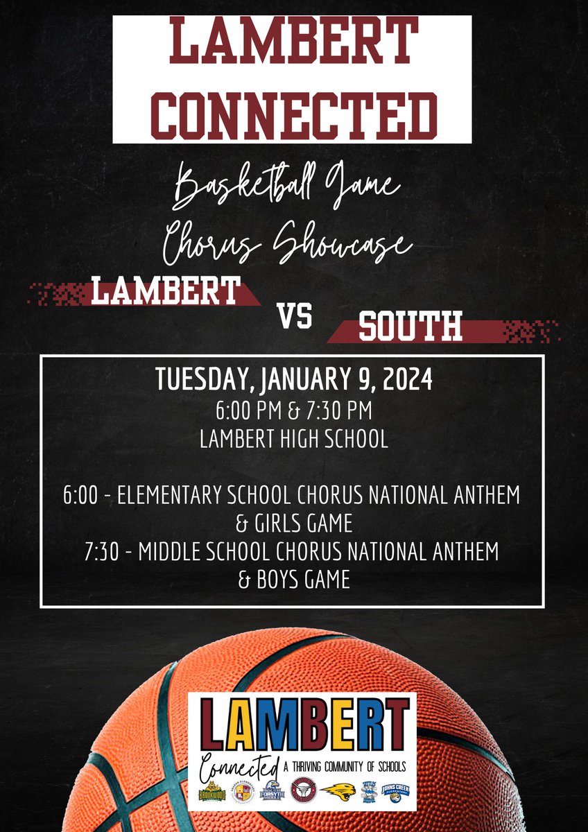 Star Families, please help us in being Lambert Connected by attending the Lambert High  basketball game on Tuesday, January 9th, for our Community Chorus Showcase! #lambertconnected 🌠🐮