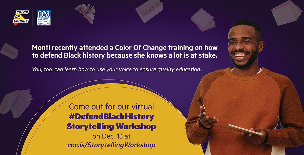 Check out Monti's story about how she realized she had to ensure her son would be taught accurate history from schools & libraries ⬇️ These stories fuel the #DefendBlackHistory movement. Join us for our 12/13 Storytelling Workshop to share your story 📲 coc.is/StorytellingWo…