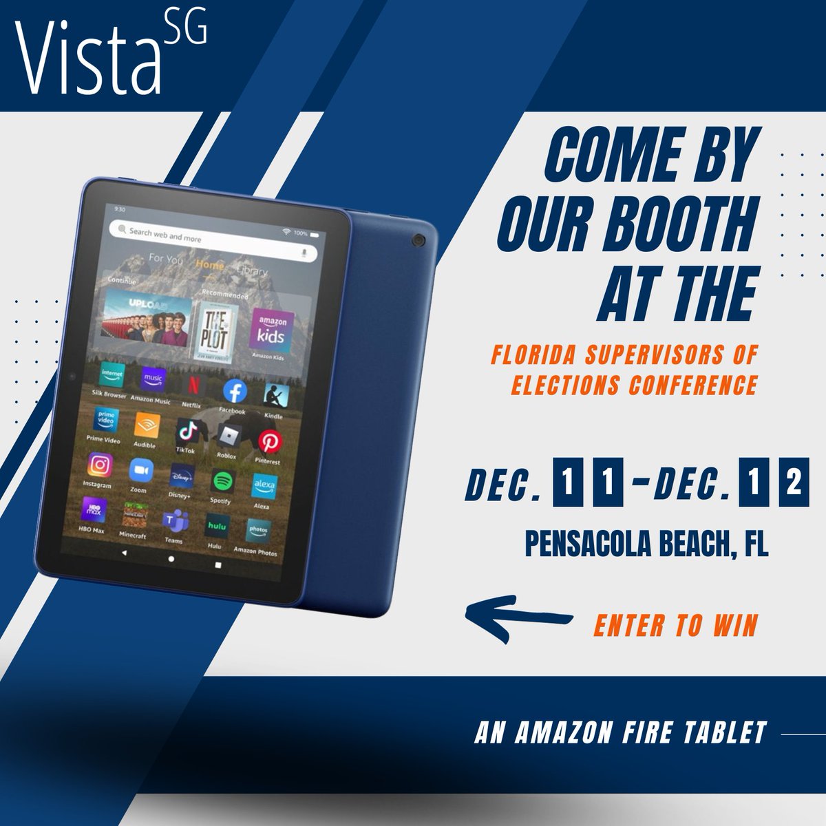 VistaSG's tweet image. Come see us at the FSE conference next week! Be sure to stop by our booth and ask how to win an Amazon Fire Tablet! #giveaway #governmentsolutions #documentmanagement #dms #digitize #automate #protect #Florida #elections