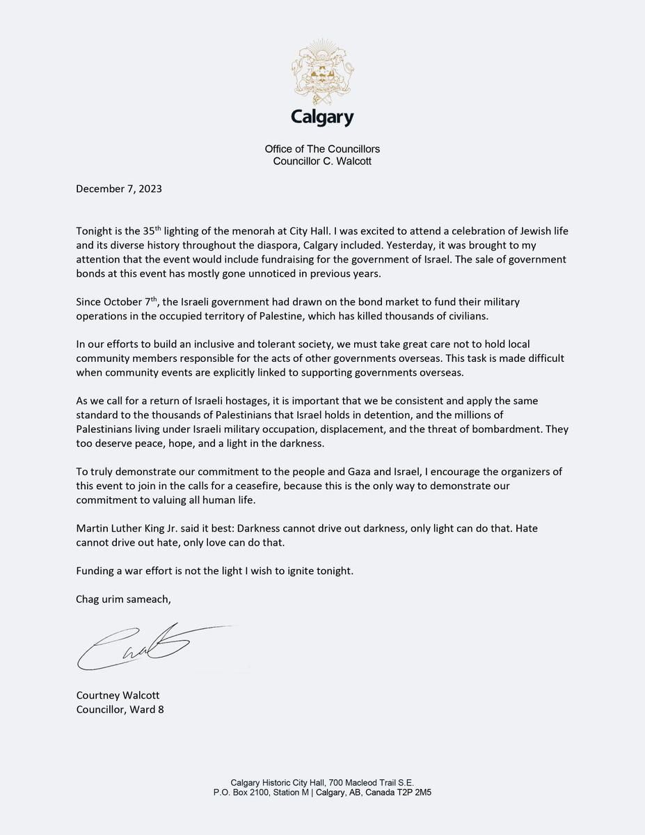 CWalcottYYC's tweet photo. Happy Hanukkah. As we celebrate a festival of light and hope, we should also call for a ceasefire. https://t.co/yanH9a3ALF