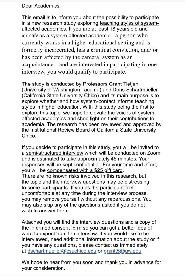 TietjenGrant's tweet image. Are you a criminal legal system-contacted person who teaches in higher ed? Here is a compensated study opportunity. Details below. Will send further supplementary documentation if interested, reach out to our listed emails. 😊