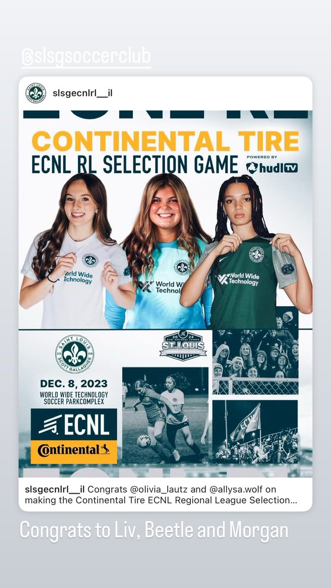 slsgilgirls's tweet photo. Congrats Olivia, Allysa and Morgan for making the ECNL RL Selection game. Can’t wait to see you guys compete #SLSG #ecnlstl https://t.co/KvcVcmt7dq