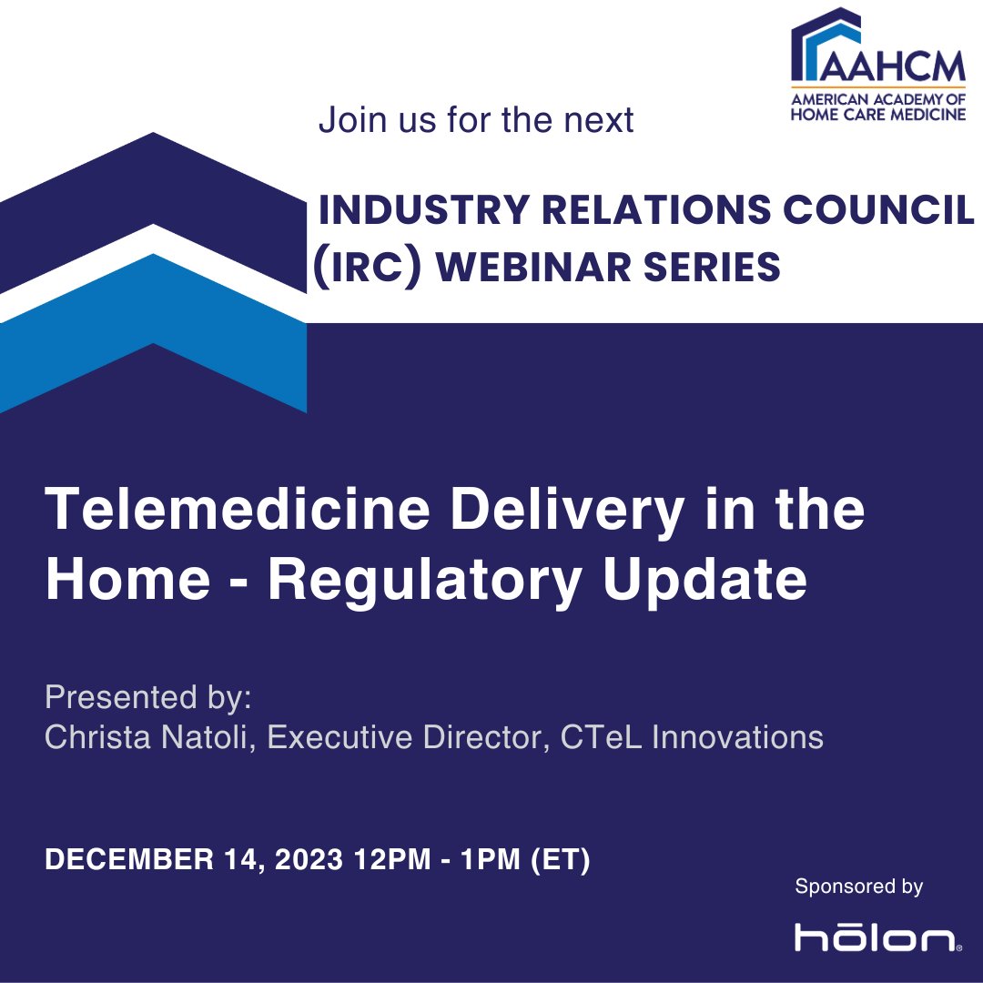 Register now for next week's AAHCM IRC webinar, Telemedicine Delivery in the Home - Regulatory Update on Dec. 14 at 12pm ET. Register now: loom.ly/svjw4yo #AAHCM #homemedicine #telemedicine #webinar 1w