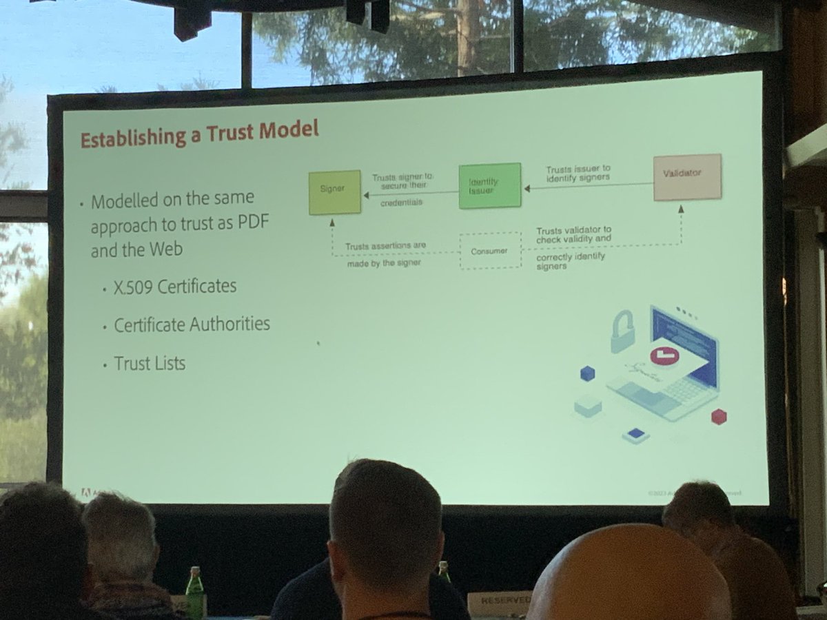drummondreed's tweet photo. What’s missing from this #trust #model shown by @Adobe VP Leonard Rosenthol at the @ContentAuth Symposium? Any mention of #DecentralizedIdentifiers (DIDs) and #decentralized #PKI. Thankfully, the CAI team is actively working on that with the @trustoverip Foundation. Stay tuned… https://t.co/ULeJxrxCEc