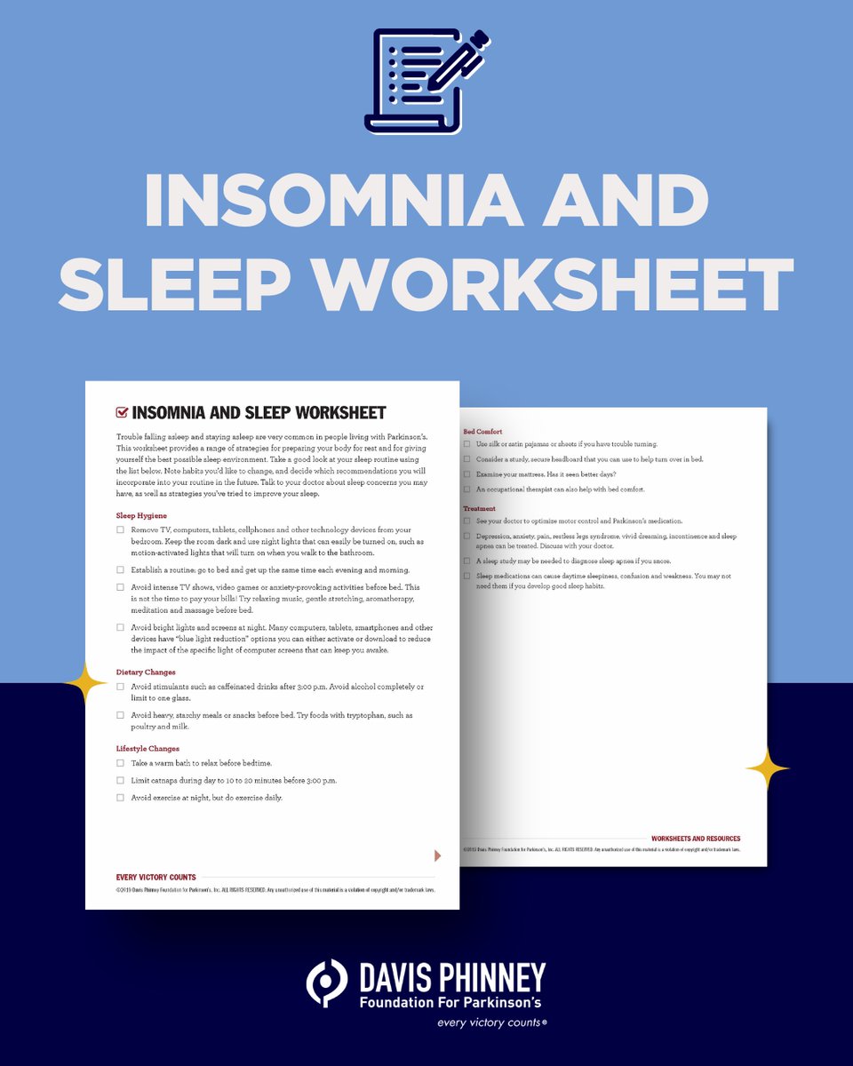 DavisPhinneyFND's tweet image. Many people with #Parkinsons talk about sleep (lack of, interrupted, or restless) as their most troublesome non-motor #symptom. Unfortunately, getting quality #sleep regularly is critical to living well with Parkinson’s.

Download the #worksheet: bit.ly/3sU0VK1