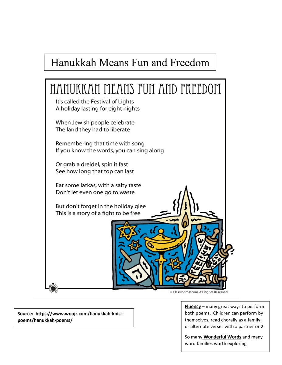 TimRasinski1's tweet image. Fluency Friday!
Here are 2 poems about Hanukkah – which begins the evening of Dec 7 . I hope you can use the poems in exploring the 8 days of Hanukkah w students, &amp;amp; also build rdg fluency as students rehearse &amp;amp; perform them.
@ILAToday @ascd @DyslexiaIDA @reading_league @IMSEOG