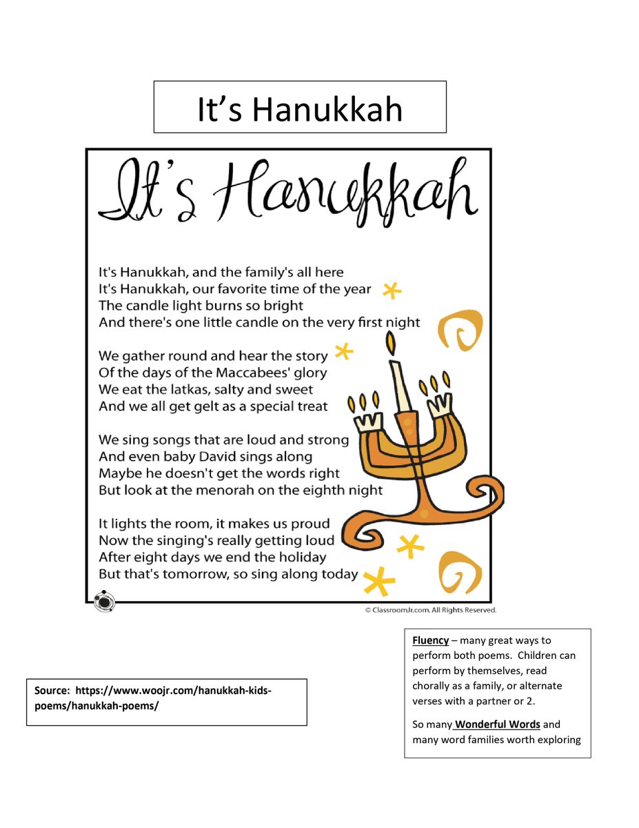 TimRasinski1's tweet image. Fluency Friday!
Here are 2 poems about Hanukkah – which begins the evening of Dec 7 . I hope you can use the poems in exploring the 8 days of Hanukkah w students, &amp;amp; also build rdg fluency as students rehearse &amp;amp; perform them.
@ILAToday @ascd @DyslexiaIDA @reading_league @IMSEOG