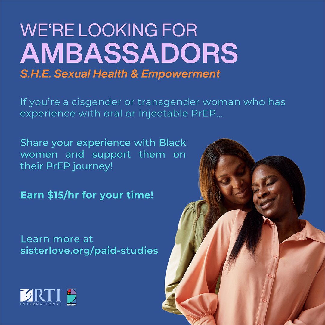 📢 Paid Study Alert for Women with #PrEP Experience! #SisterLove & @RTI_Intl are looking for cis/trans women in selected states to join a study focusing on PrEP. Be a voice for marginalized communities! Visit sisterlove.org/paid-studies #SisterLoveInc #PublicHealth #TrustBlackWomen