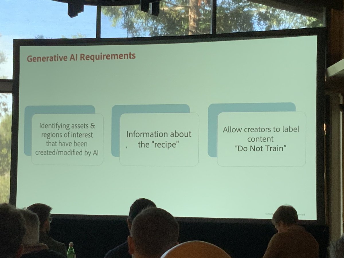 drummondreed's tweet photo. How does @ContentAuth &amp; the @C2PA_org standard deal with #GenerativeAI ? This slide from @Adobe VP Leonard Rosenthol summarizes the 3 parts: 1) identify AI-generated assets, 2) provide info about the “recipe” used, and 3) enable #content @creators to mark content as #DoNotTrain. https://t.co/GyxgCuAaHw