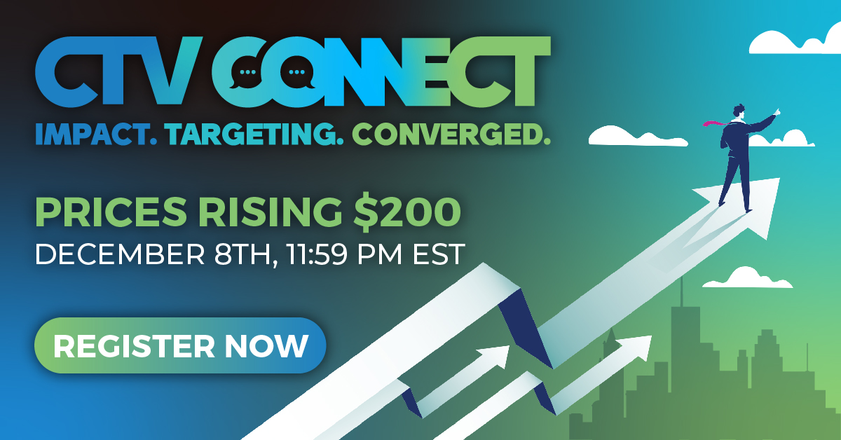 ⏰Don't miss out! Prices for CTV Connect 2024 are set to increase by $200 TOMORROW, December 8th at 11:59 PM EST. Register now to secure your spot and beat the clock before the price hike! cynopsis.com/events/ctv-con… #ctvconnect