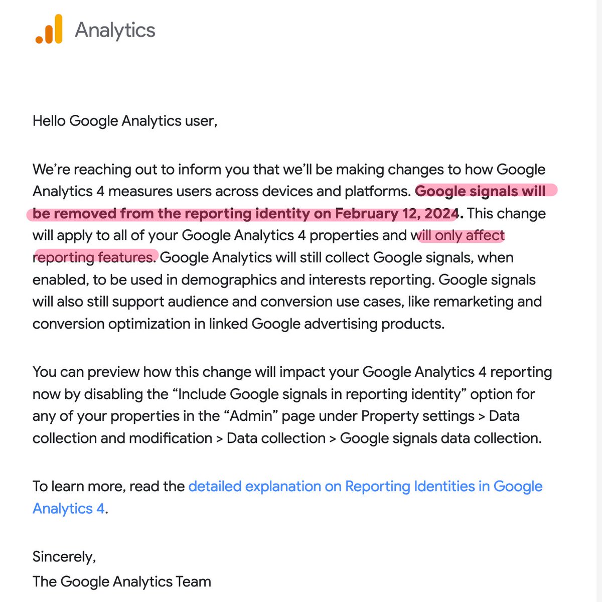 Google will be removing Google Signals as a reporting identity early next year. 

This is excellent news, as this feature caused significant reporting problems and confusion.
