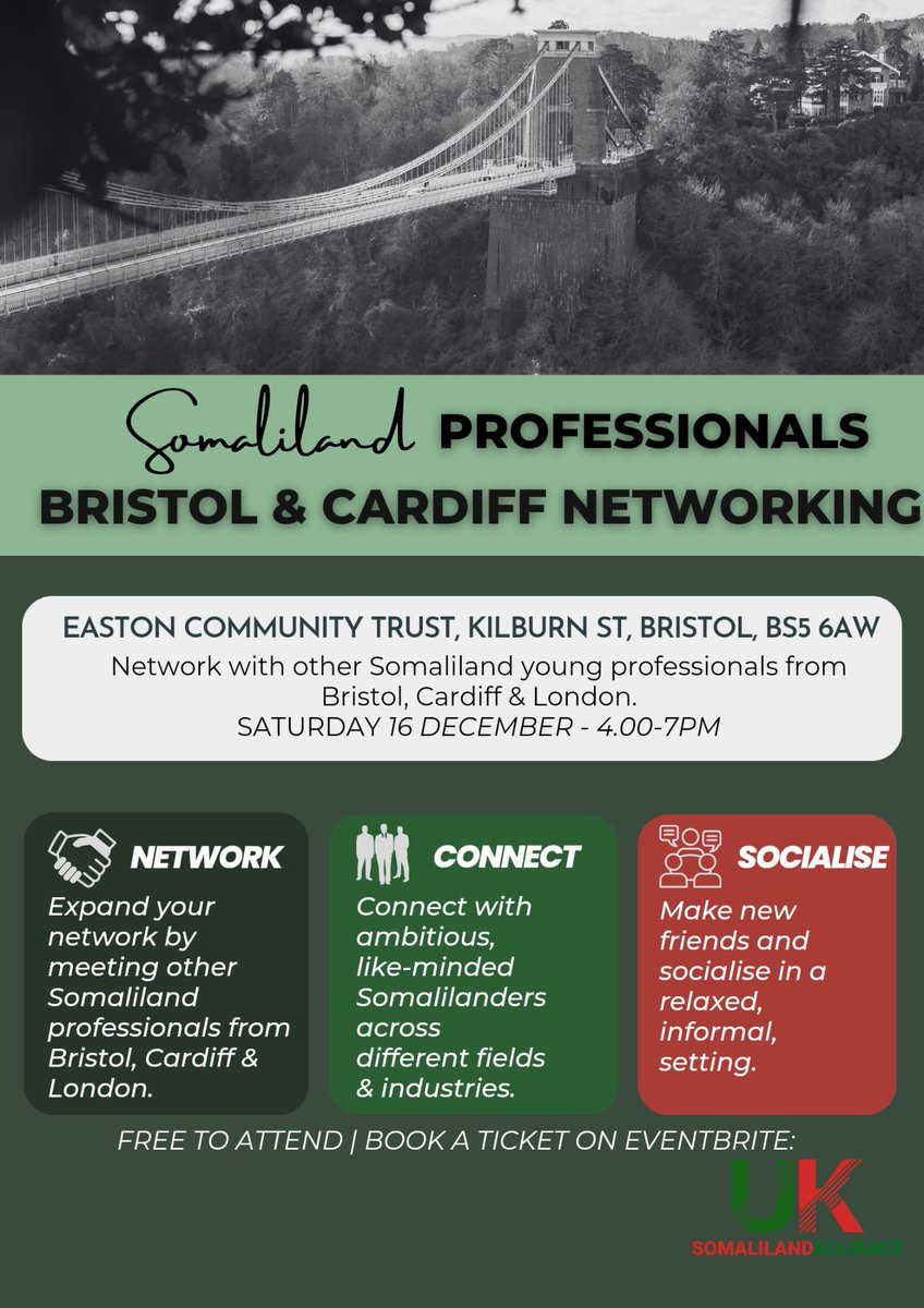Bristol and Cardiff Somalilanders, it's your turn! Join us to network, connect and socialise with your fellow Somaliland professionals. 📆 Sat 16th December 2023 👇🏾Please register Tag all the Bristolians and Welsh people you know 😜 eventbrite.com/e/somaliland-p…