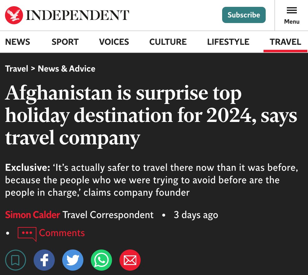 Afghanistan is surprise top holiday destination for 2024.
‘It’s actually safer to travel there now than it was before, because the people who we were trying to avoid before are the people in charge,’ said Dylan Harris, founder of Lupine Travel.
independent.co.uk/travel/news-an…