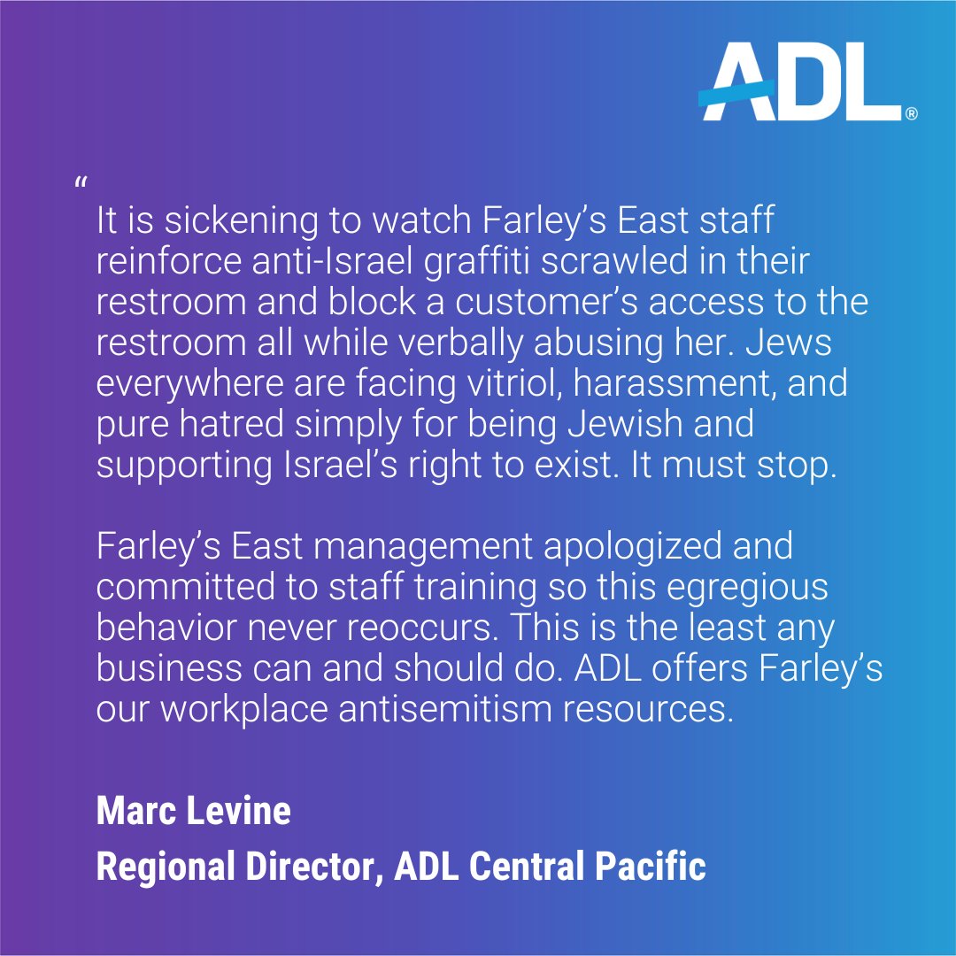 A statement from ADL Central Pacific Regional Director <a href="/MarcLevine/">Marc Levine</a> on an incident that took place at Farley's East in Oakland. Read more here: timesofisrael.com/liveblog_entry…