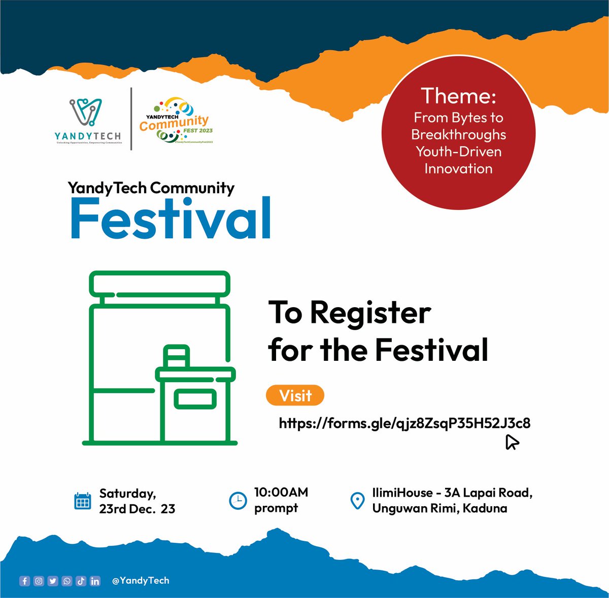 YandyTech's tweet photo. The registration for YandyTech Community Fest is live and guess what!!! free, but only people with tickets will be admitted.

Note that priority will be given to individuals residing in Kaduna and registration on this form doesn't guarantee getting ticket

https://t.co/AnoTXJyFby https://t.co/VUyWVNSHnW