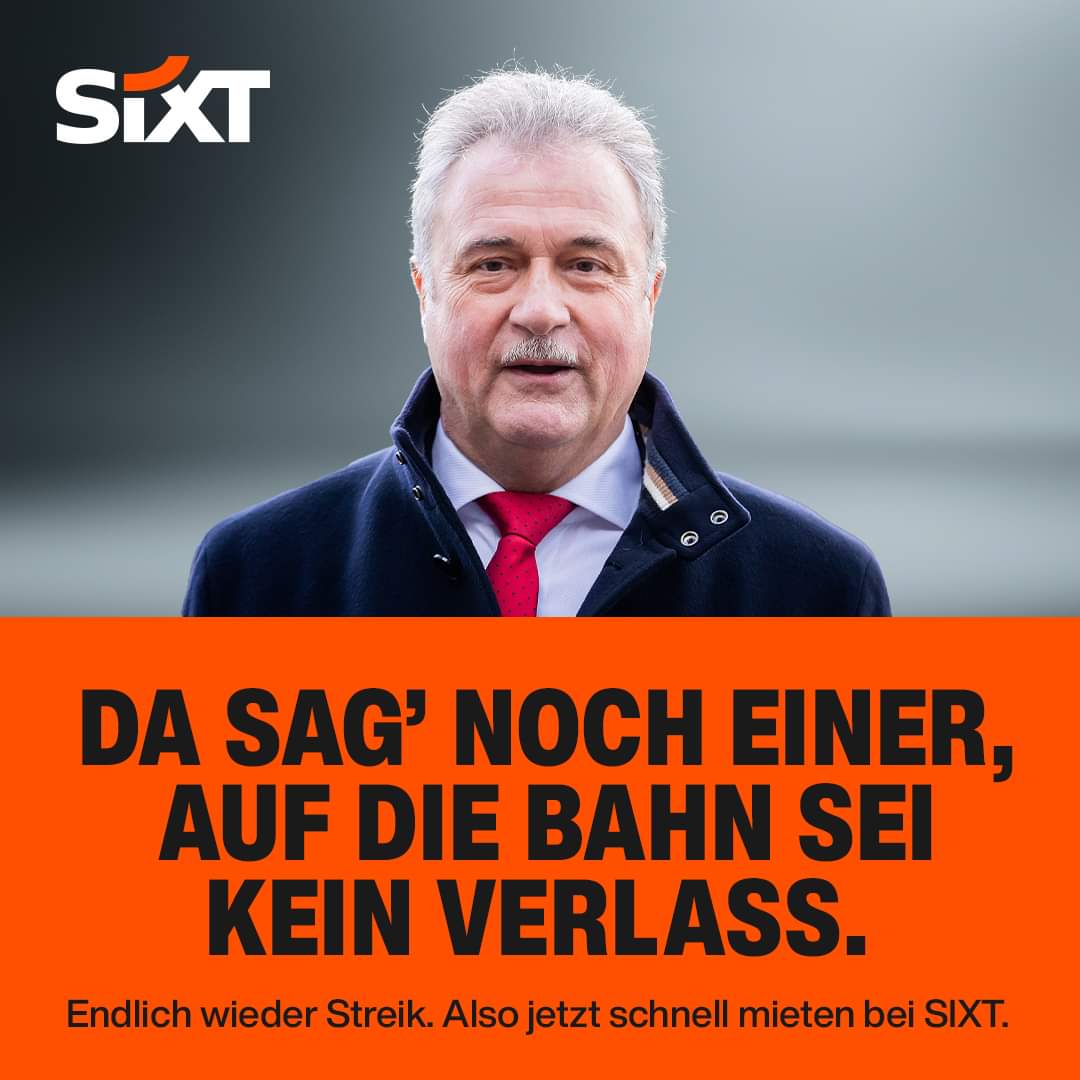 Sind die Gleise wieder leise? 🤫
Dann flüstern wir euch hier mal einen heißen Tipp: 
Bei SIXT gibt’s jederzeit zuverlässige Mietwagen. 
#bahnstreik #SIXTDE #SIXTrent