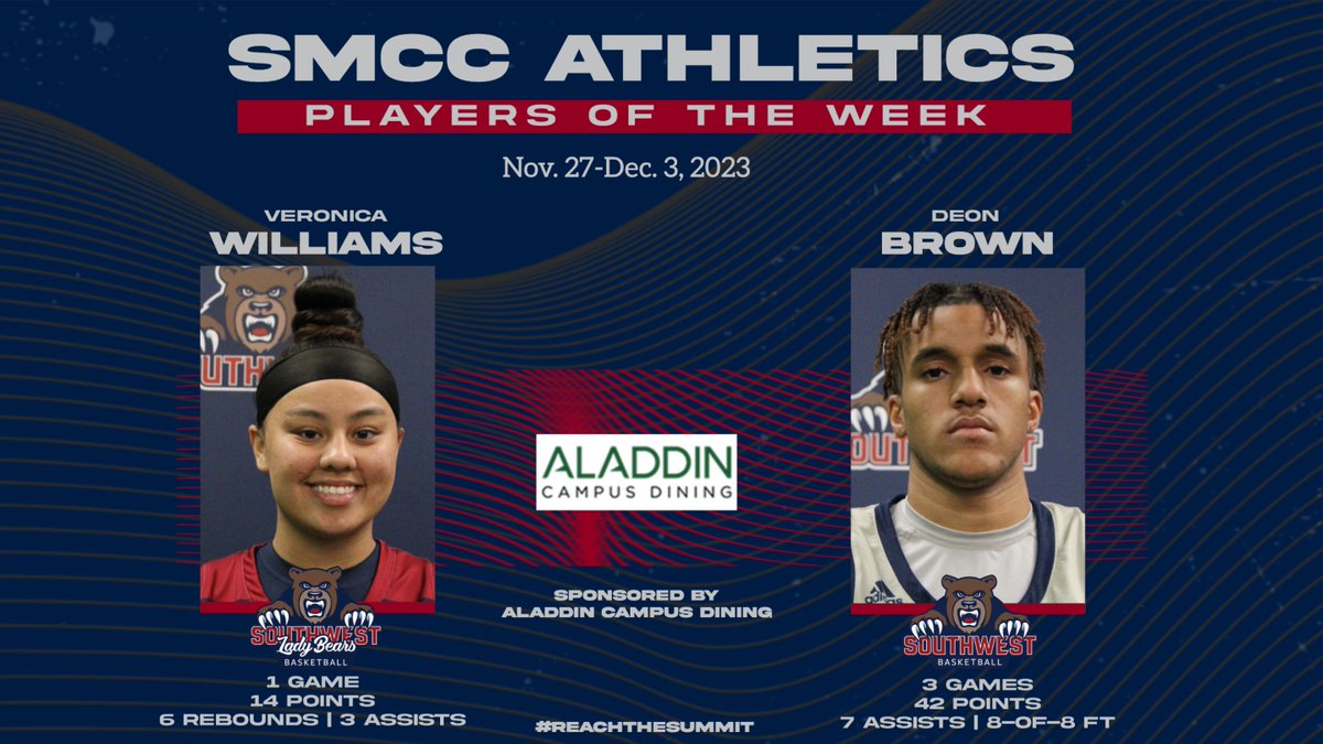🐻PLAYERS OF THE WEEK🐻

Congratulations to Lady Bear Basketball's Veronica Williams and Bear Basketball's Deon Brown who were named SMCC Players of the Week.

This week's sponsor is Aladdin Campus Dining.

#ReachTheSummit