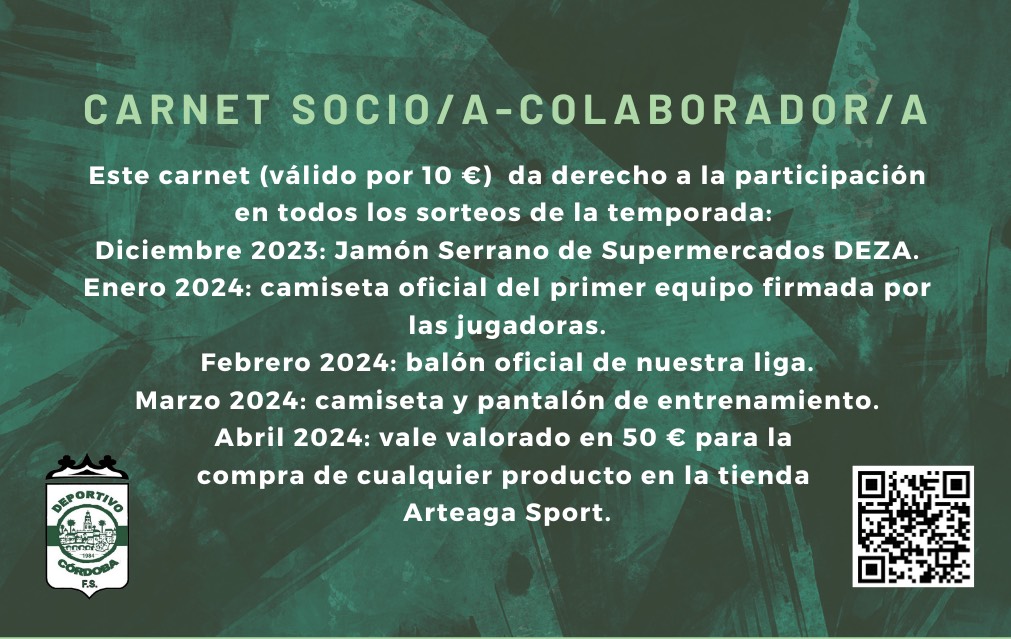 💚 Hazte Socio/a Colaborador/a del Deportivo Córdoba y gana fantásticos premios en los sorteos que realizaremos durante esta temporada ⭐

✍🏻 Consulta las bases en el código QR