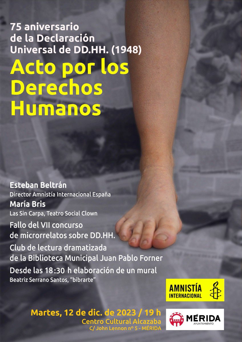 ExtremaduraAI's tweet photo. Acto por los Derechos Humanos el martes 12 de diciembre en el centro cultural Alcazaba, Mérida 👇🏼 https://t.co/ZN98xIpRzS