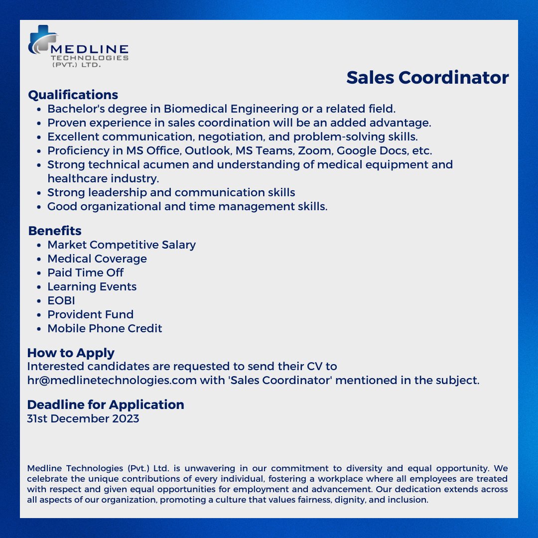 medlinetech's tweet photo. We're Hiring a Sales Coordinator!
Ready to make a difference in #HealthcareIndustry?
Apply today for a journey fueled by passion!
#hiringnow #career #SalesCoordinator #BiomedicalEngineer #Biomedical #medicalengineering #medicaldevices #medicalequipment #medicalindustry https://t.co/fYG8s7BPzb