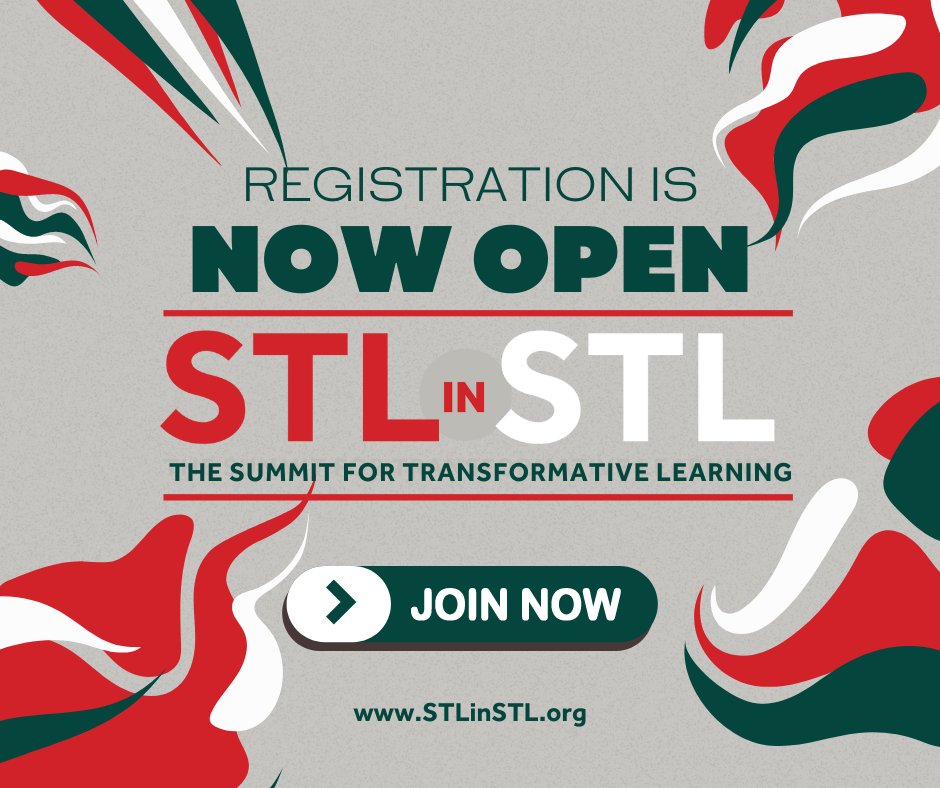 STLinSTL's tweet photo. Registration is OPEN for the 9th annual Summit for Transformative Learning in St. Louis (STLinSTL)! Be one of the first to register today with SUPER EARLY BIRD rates. The 2024 conference will be held May 30-31!
Register Now: https://t.co/6bcJjfhDA9
#STLinSTL #TransformLearning https://t.co/aSQ3bXkrNT