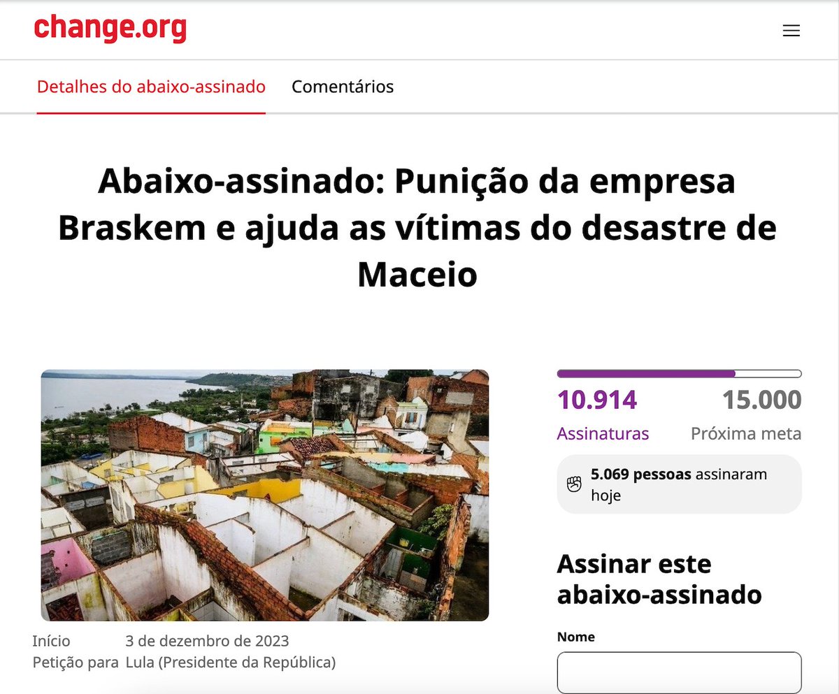 Abaixo-assinado: Punição da empresa Braskem e ajuda as vítimas do desastre de Maceió. Clique e assine: change.org/Justicavitimas…